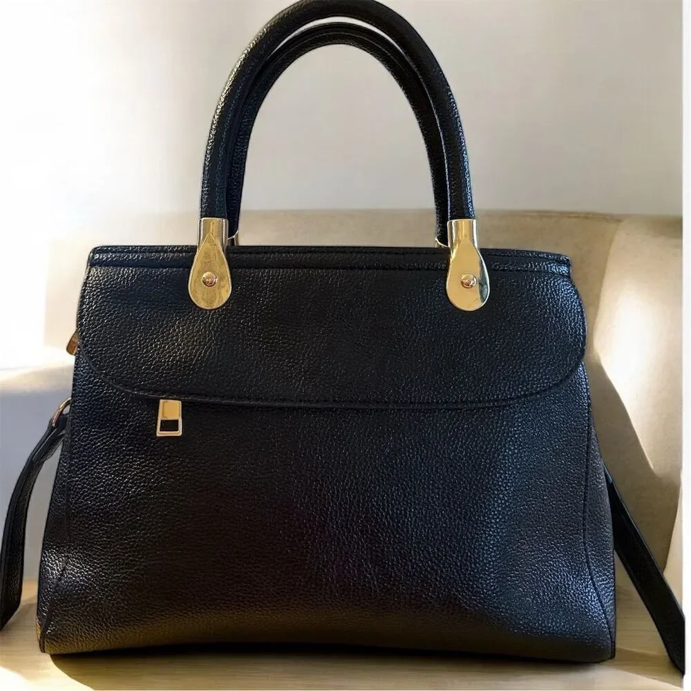Huada Structured Black Vegan Leather Satchel Handbag Gold Hardware Crossbody
